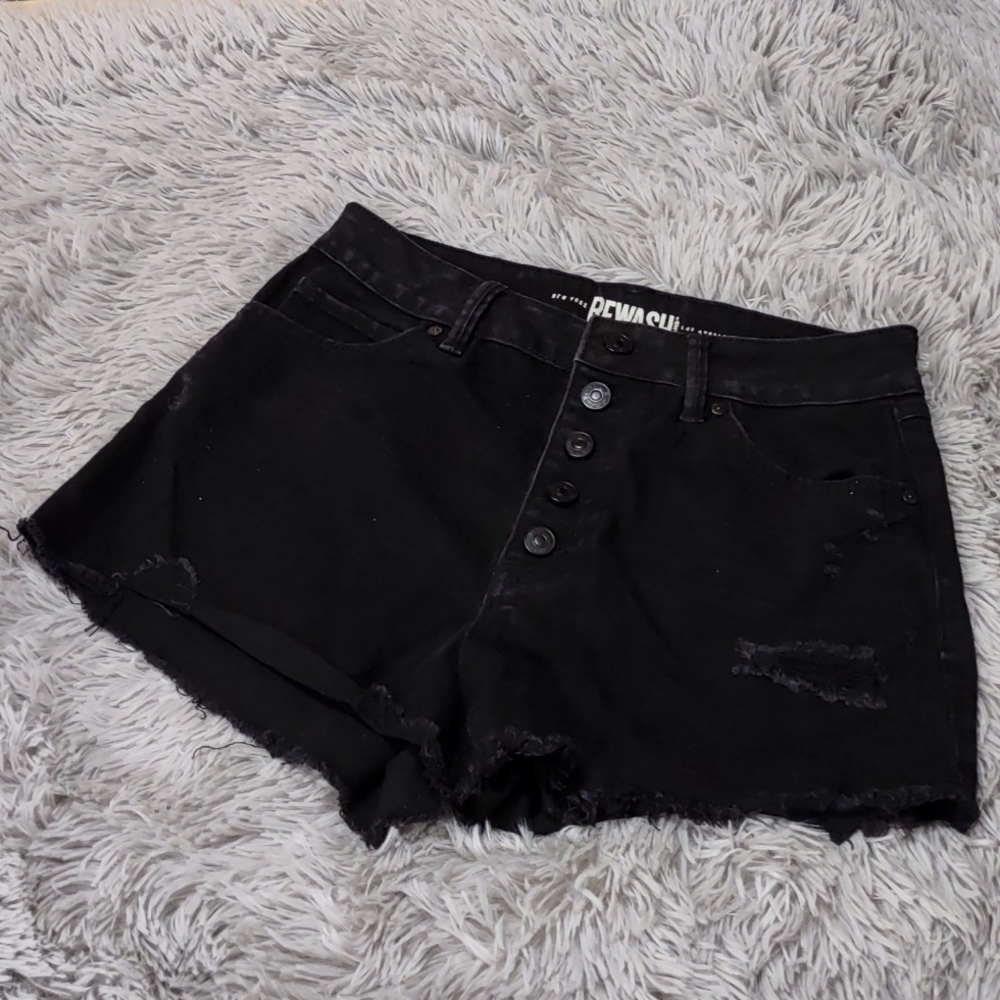 Black distressed super high rise wedge vintage reunion shorts. New York Rewash